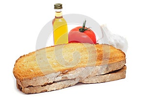 Ingredients for pa amb tomaquet, bread with tomato, typical of C photo