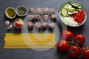 Ingredients for pasta with meatballs