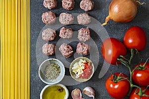 Ingredients for pasta with meatballs