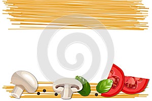 Ingredients for pasta, tomato, champignon, basil and pepper on white background.