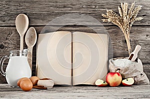 Ingredients for pastry with apples (pie, cake, strudel) on woode