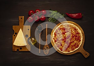Ingredients for pizza, layout, knolling, concept, on a wooden background, horizontal, top view, rustic, no people,