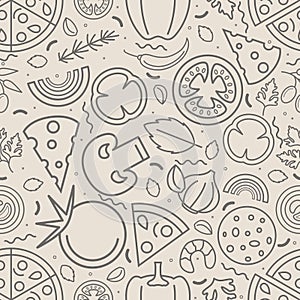 Ingredients Pizza Thin Line Seamless Pattern Background. Vector