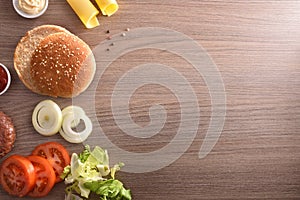 Ingredients for the preparation of a homemade burger on table