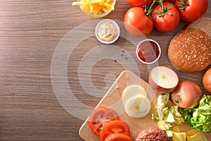 Ingredients for the preparation of a homemade burger top view