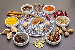 Ingredients for preparation oriental spice Ras el Hanout photo