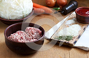 Ingredients for the preparation of a traditional Moldavian or Romanian dish of stuffed cabbage