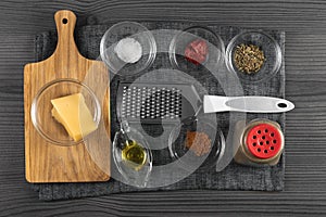 Ingredients prepared before cooking on a wooden table top view