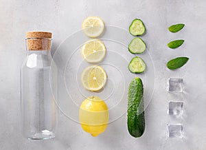 Ingredients for preparing healthy detox water. Empty glass bottle, lemon, cucumber, mint and ice