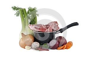 Ingredients for preparing meat broth isolated on white