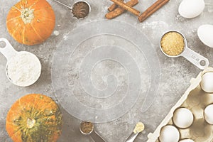 Ingredients for pumpkin pie - flour, pumpkins, eggs, cane sugar, various spices (nutmeg, ginger, cinnamon, anise) on a gray