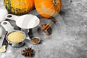 Ingredients for pumpkin pie - flour, pumpkins, eggs, cane sugar, various spices (nutmeg, ginger, cinnamon, anise) on a gray