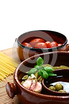 Ingredients ready for a traditional mediterranean or Italian pasta dish