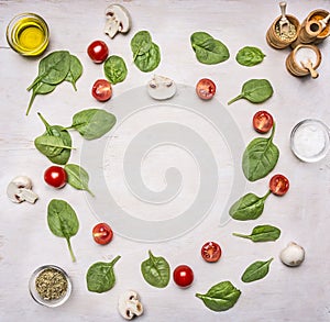 Ingredients for the salad, herbs seasonings, lined frame on a white rustic background, frame, space for text