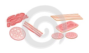 Ingredients for sandwich cooking. Bacon, sausages, ham, prosciutto slices vector illustration