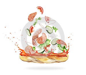 Ingredients of sandwich are falling in the baguette on white background
