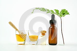 Ingredients of skin care products. the glass, Blank label package for mockup on white background.