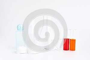 Ingredients of skin care products. the glass, Blank label package for mockup on white background.