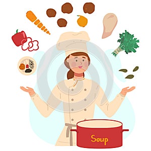 Ingredients for soup recipe, woman in cook uniform, people vector illustration