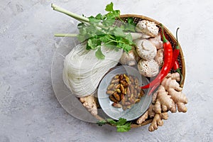 Ingredients for spicy asian food with fried insect