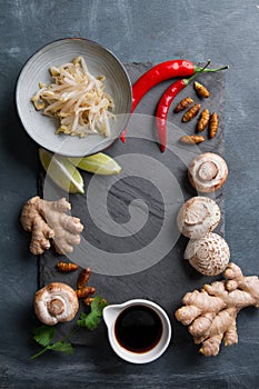 Ingredients for spicy asian food with fried insect