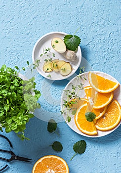Ingredients for summer cold drink - orange slices, ginger, mint. Lemonade ingredients on blue background