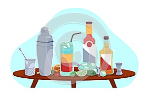 Ingredients to make delicious cocktail on table. Ice cubes and lime, bartending tools shaker, stirrer, forceps and