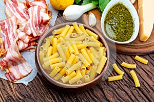 Ingredients to make homemade pesto macaroni.