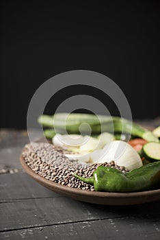 Ingredients to prepare a vegetarian lentil stew