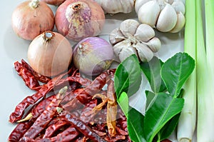 Ingredients of Tom Yam on Thaifood Wood surface