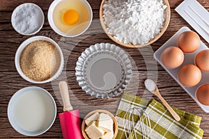 Ingredients and tools for homemade baking, cooking bakery. Top view