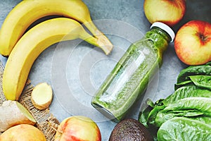 Ingredients for a tropical fruit smoothie with avocado, spinach and banana
