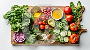 Ingredients for vegetable salad, diet and healthy food. Low calorie flatlay layout