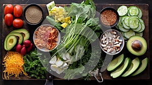 Ingredients for vegetable salad, diet and healthy food. Low calorie flatlay layout