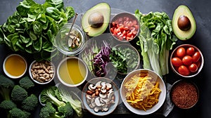 Ingredients for vegetable salad, diet and healthy food. Low calorie flatlay layout