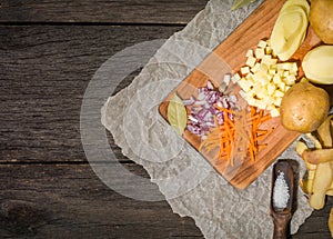 ingredients for vegetable soup. vegetables cucumber onions potatoes carrots