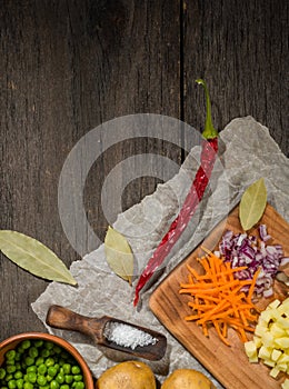 ingredients for vegetable soup. vegetables cucumber onions potatoes carrots