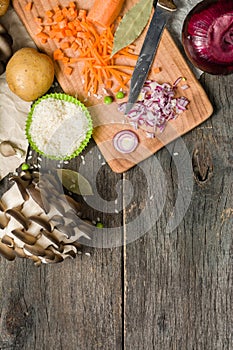 ingredients for vegetable soup. vegetables cucumber onions potatoes carrots mushrooms