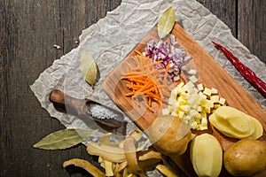 ingredients for vegetable soup. vegetables cucumber onions potatoes carrots