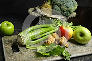 Ingredients for Waldorf salad - celery, apples, walnotes - fres