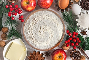 Ingredients for winter New Year`s baking. Christmas food background