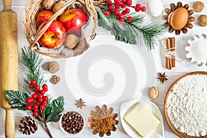 Ingredients for winter New Year`s baking. Christmas food background