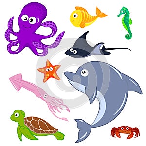 Inhabitants of the deep sea. Squid, turtle, dolphin, stingray, fish, crab, seahorse, octopus. Cartoon vector illustration for kids