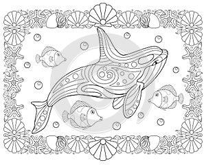 Inhabitants of the ocean - horizontal vector coloring antistress with a frame of shells and starfish. Killer whale and small fish