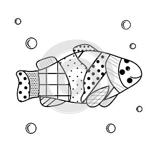 The inhabitants of the sea. Coloring book for children and adults with zenart elements. Cartoon fish with water bubbles.