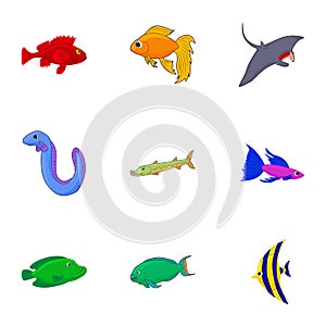 Inhabitants of sea icons set, cartoon style