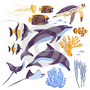Inhabitants of the underwater marine world, elements of flora and fauna.
