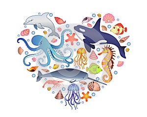 The inhabitants of the underwater world - fish, mammals, mollusks located in the shape of a heart - vector print.