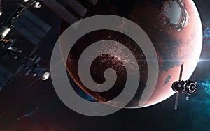 Inhabited Mars. Space station blurred in motion against backdrop of red planet of solar system. 3D render