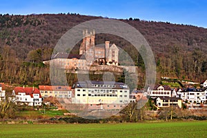 Inhabited medieval German hill castle called `Mittelburg`, in Odenwald forest in German city Neckarsteinach